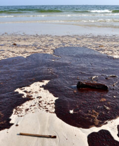 Oil spill on beach with off shore oil rig in background.