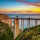 Bixby Bridge (Rocky Creek Bridge) and Pacific Coast Highway at sunset near Big Sur in California, USA. Long exposure.