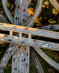 Helicopter Aerial View of the famous Los Angeles Four Level freeway interchange