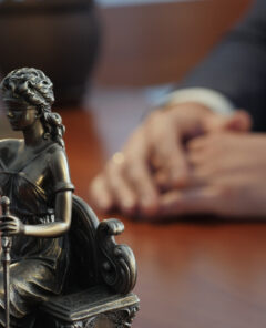 Statue of justice on the table against the background of the hand gestures of a man, a lawyer or a judge